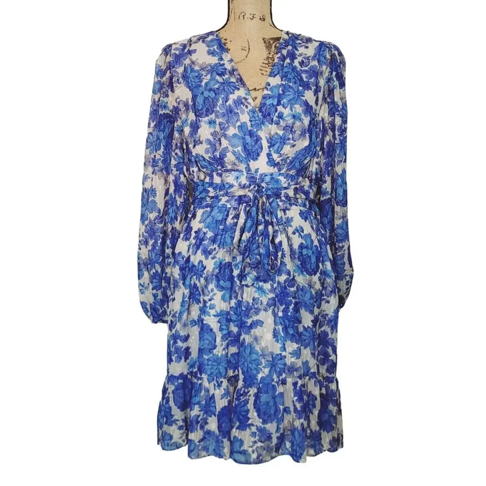 Alex Marie Simone Cobalt Floral Print Puff Sleeve Tiered V-neck Dress 18W NWT - Picture 2 of 14